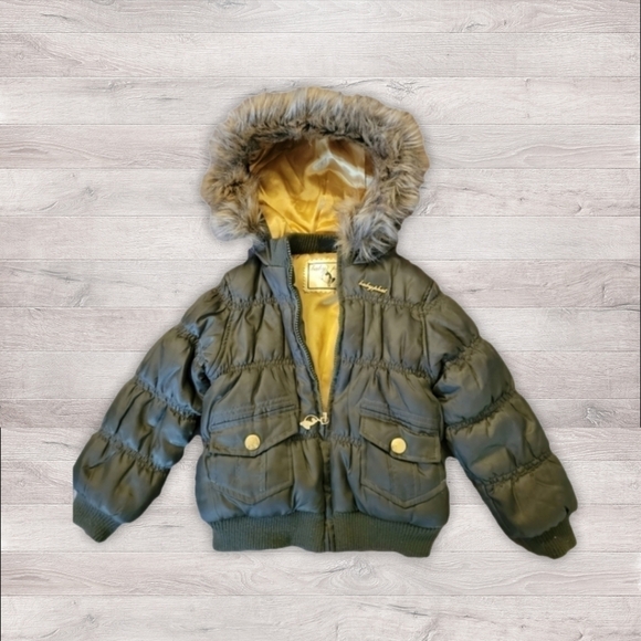 BABY Phat Army Green Quilted Faux Fur Hood Puffy Coat Size 3T - Picture 2 of 8